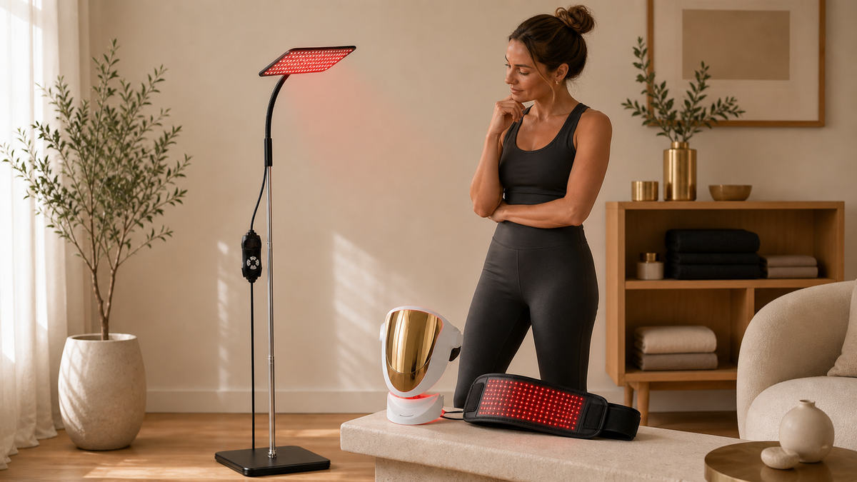 Woman comparing a face mask, body pad and full-height red light therapy panel at home