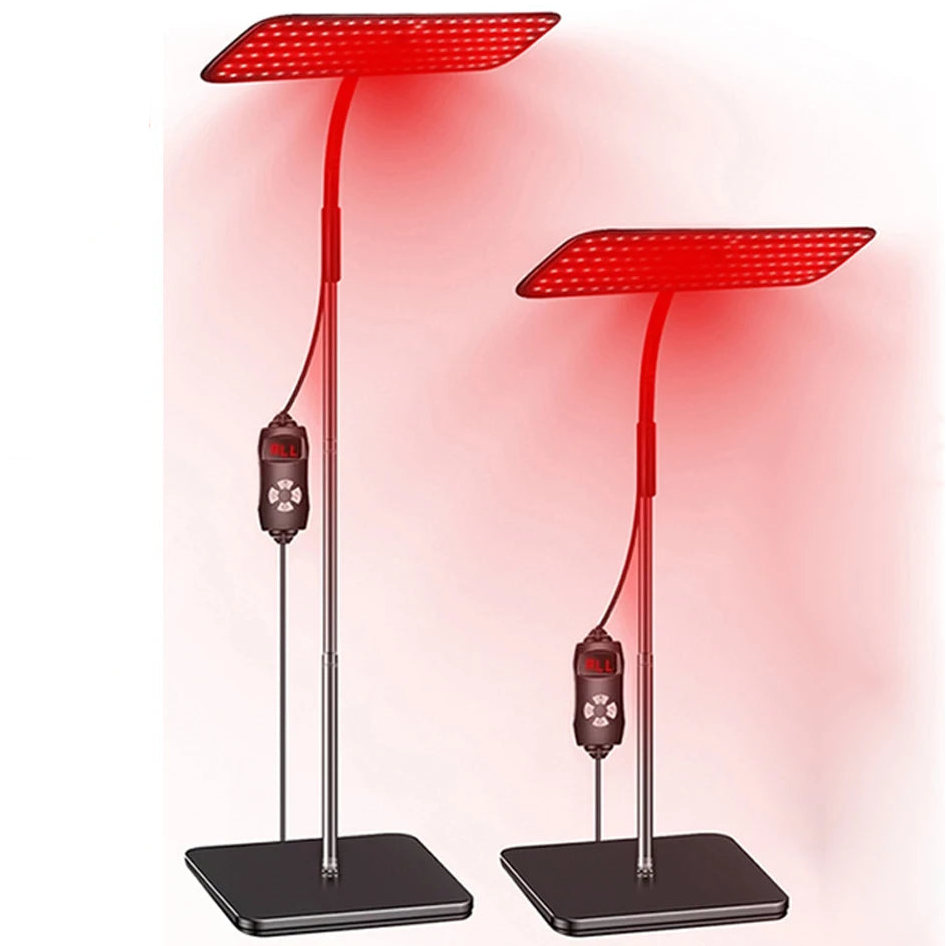 Red light therapy devices with dual-spectrum LEDs for skin and hair wellness, featuring adjustable stands and digital controls