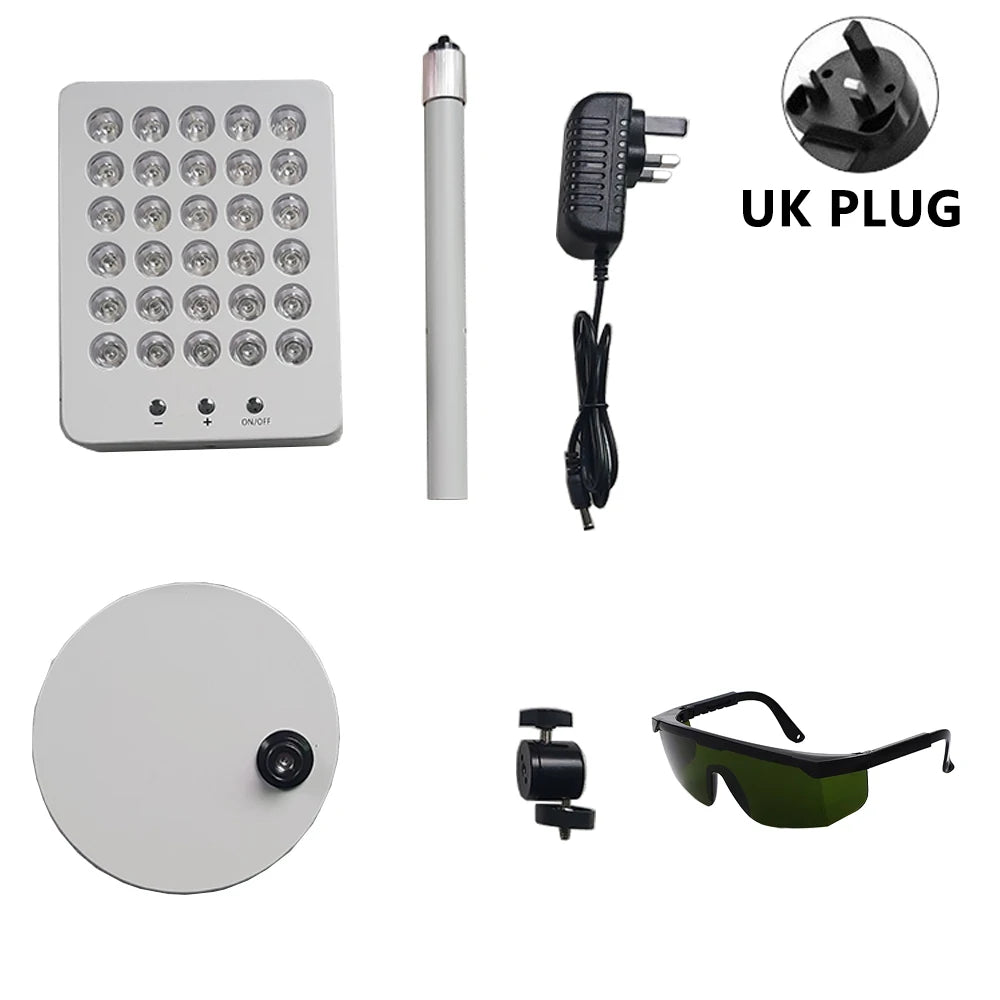 Red light therapy panel with UK plug, stand, mount, and protective glasses for skin and hair restoration