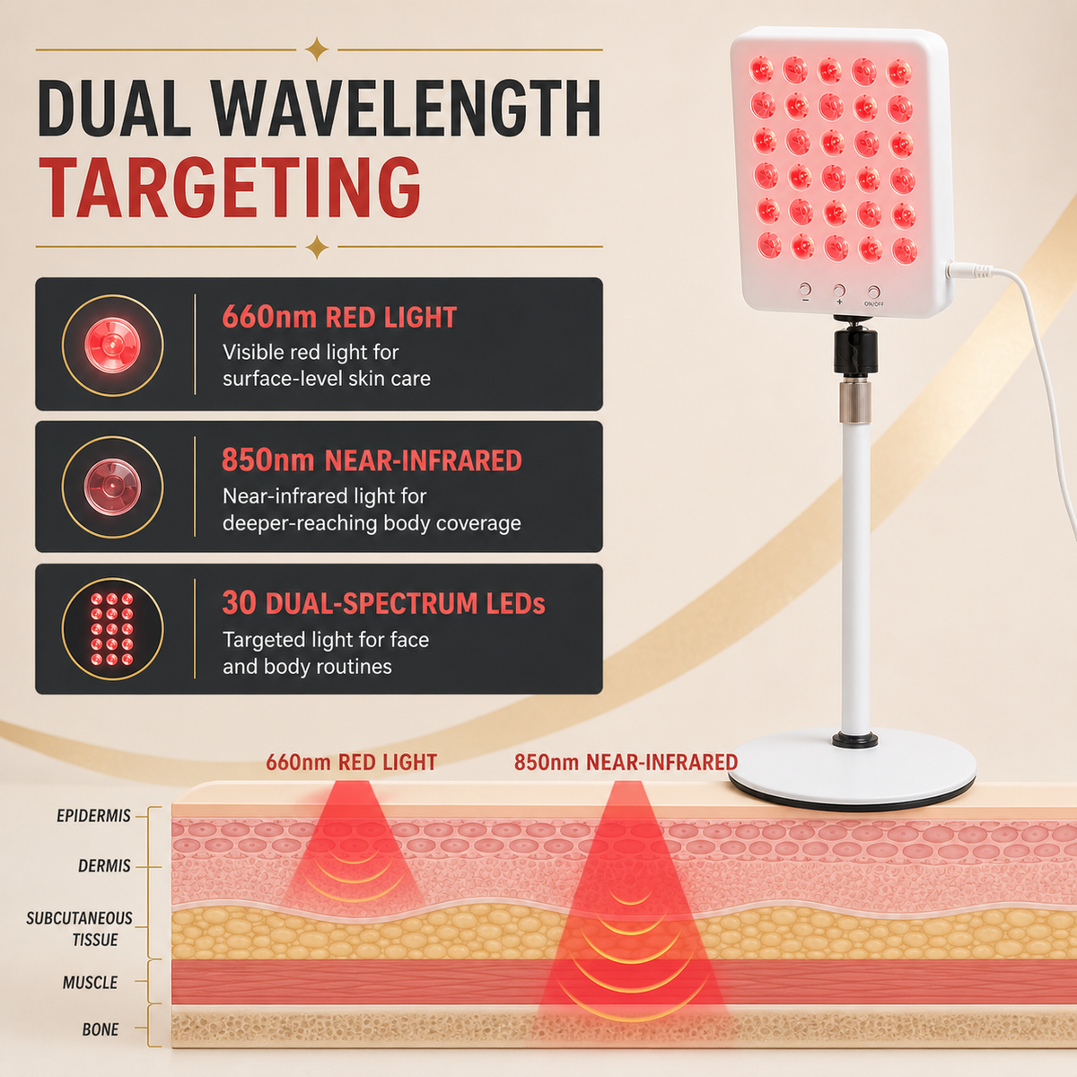Dual 660nm red and 850nm near-infrared wavelengths in the adjustable therapy lamp
