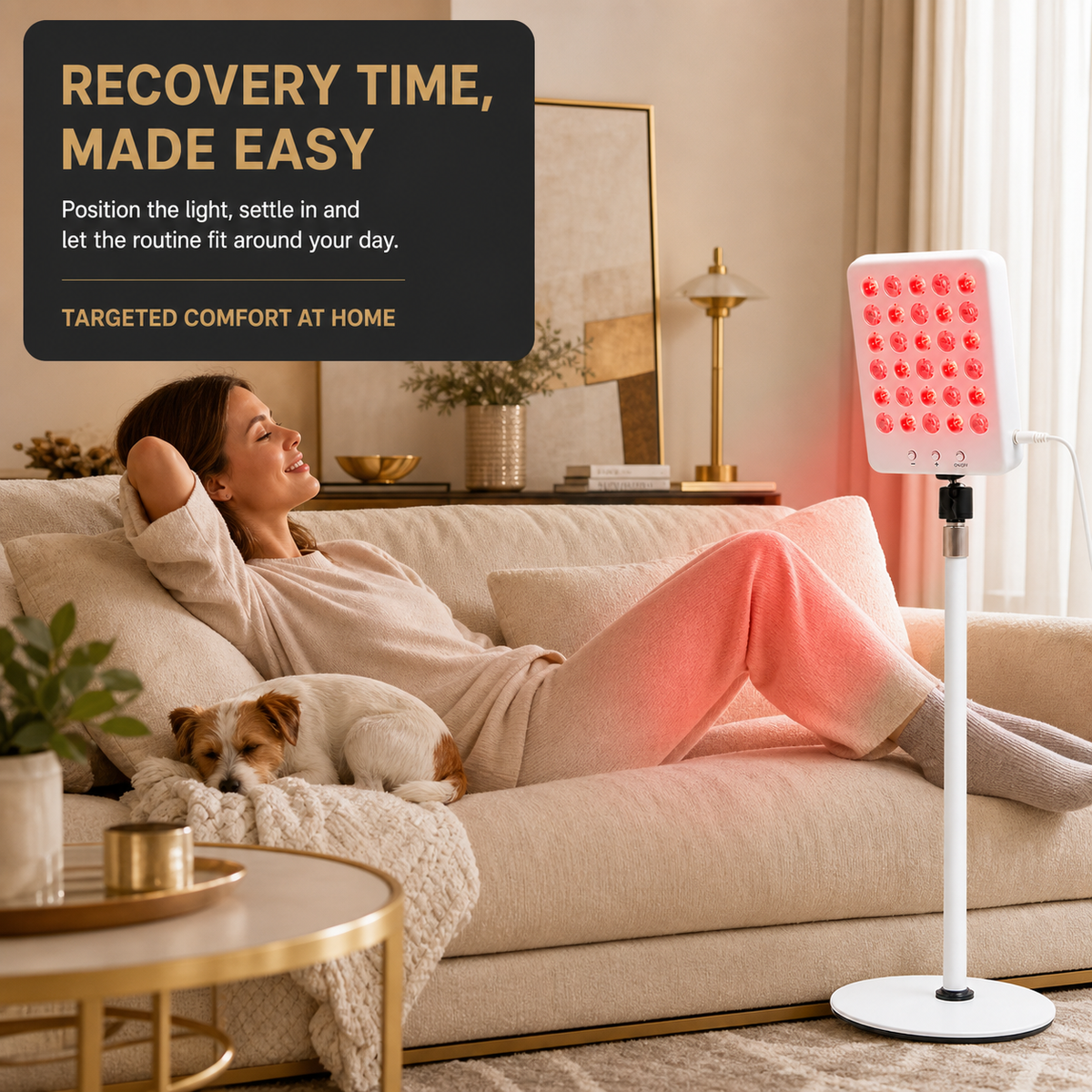 Woman relaxing at home beside the adjustable red and near-infrared therapy lamp
