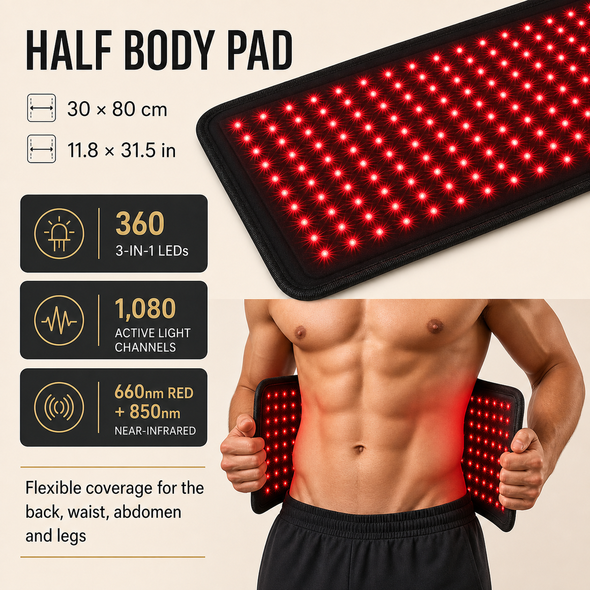 Half Body flexible light therapy pad dimensions, LED count and body placement