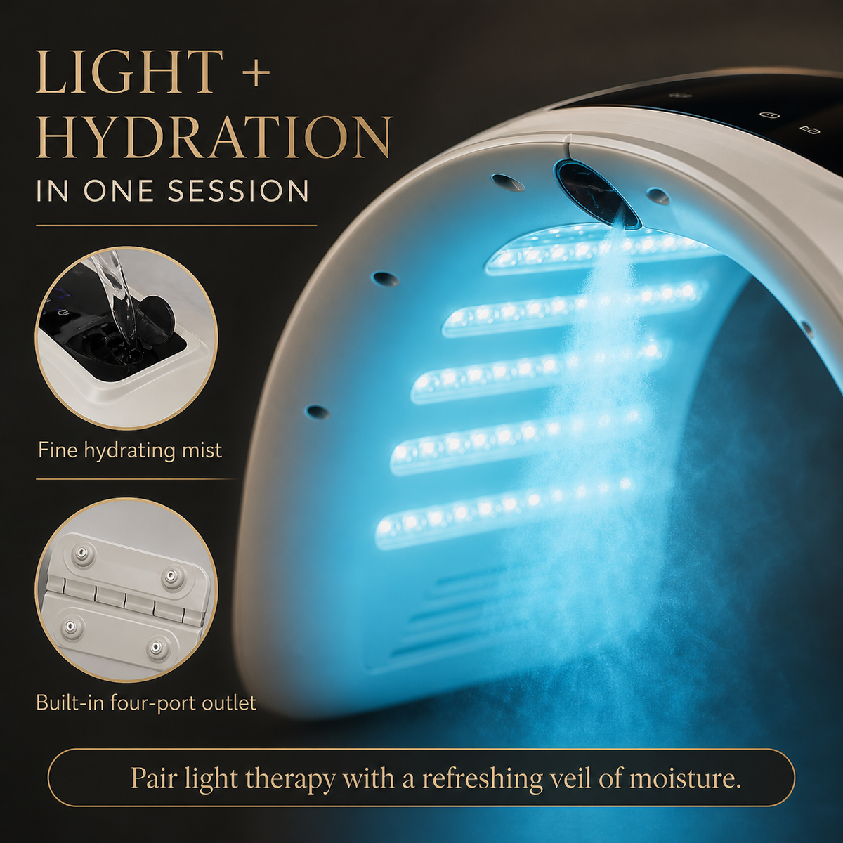 LED light therapy canopy with built-in fine hydrating mist and four-port outlet