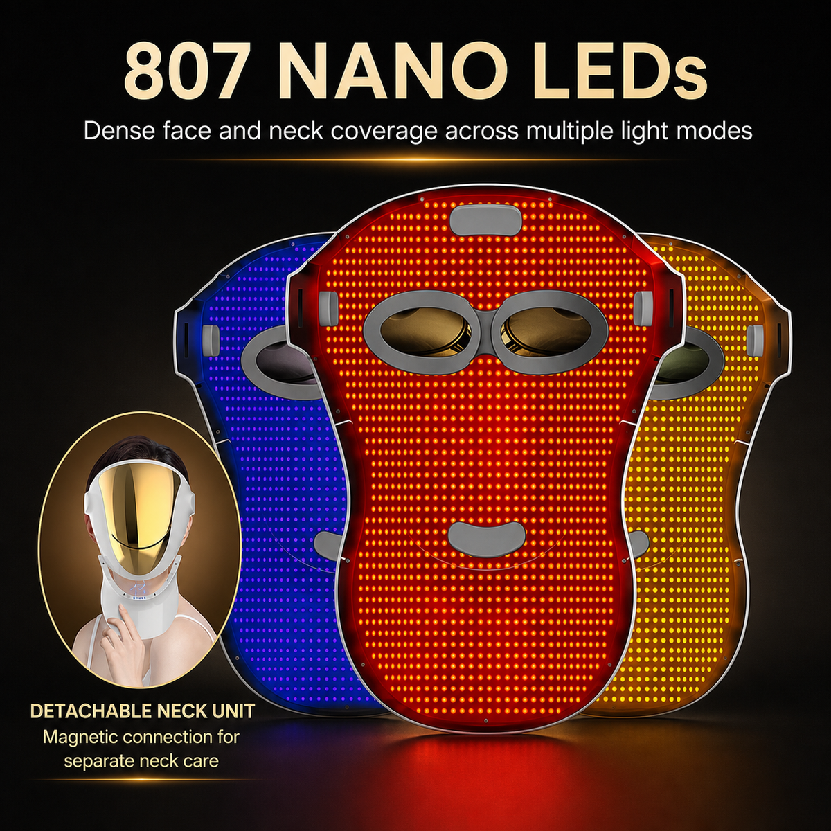 807 nano LED face and neck mask showing red, blue and amber light modes