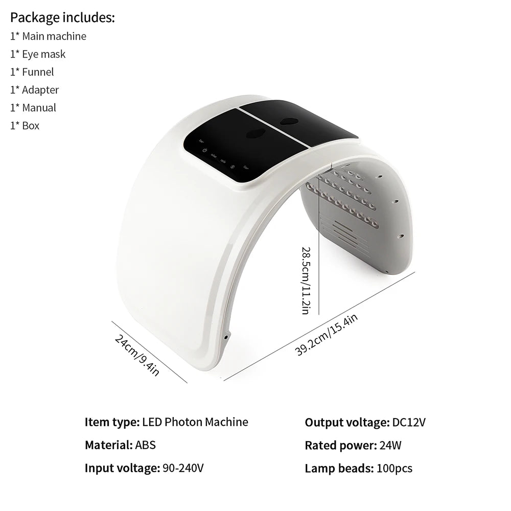 White LED photon therapy device with 100 lamp beads for skin and hair restoration, 24W power