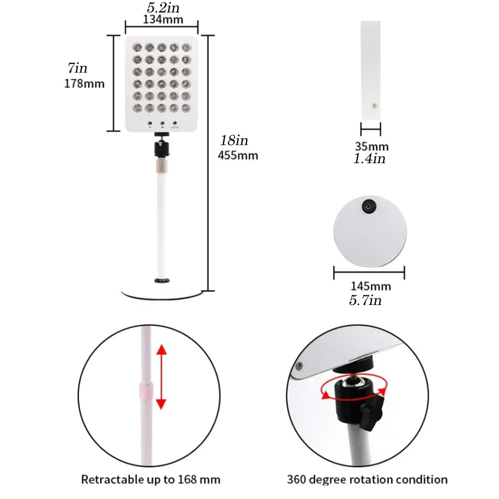 Adjustable red light therapy panel with 360° rotation and retractable stand for skin & hair restoration