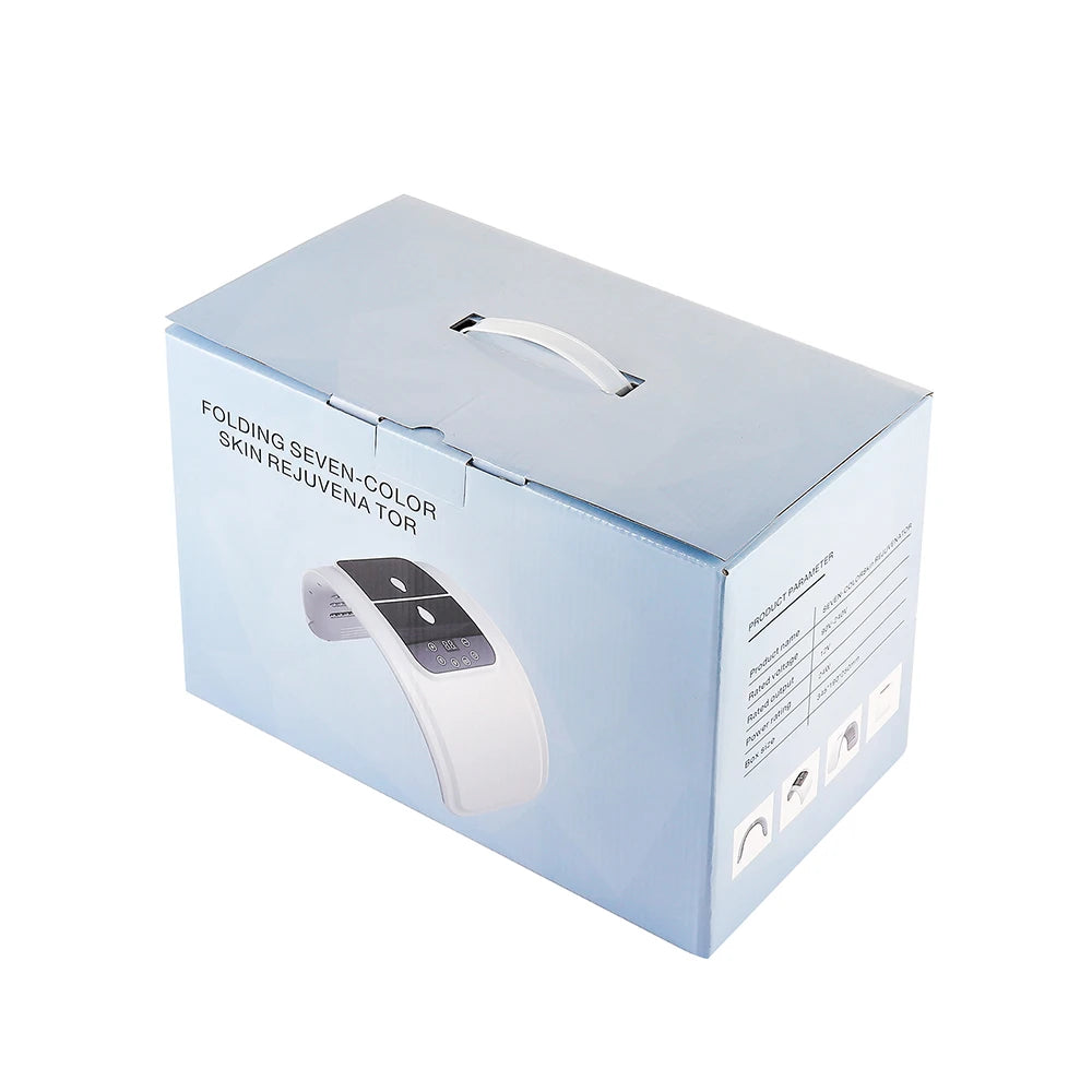 Folding seven-color skin rejuvenator device in light blue packaging with product specs