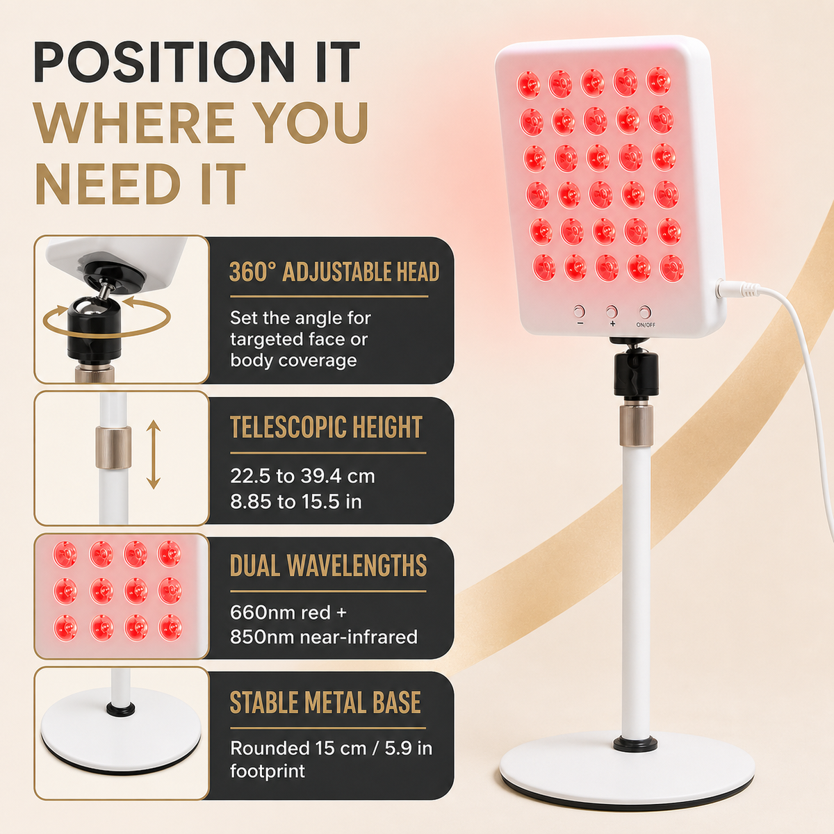 Adjustable therapy lamp with 360 degree head, telescopic height and stable round base
