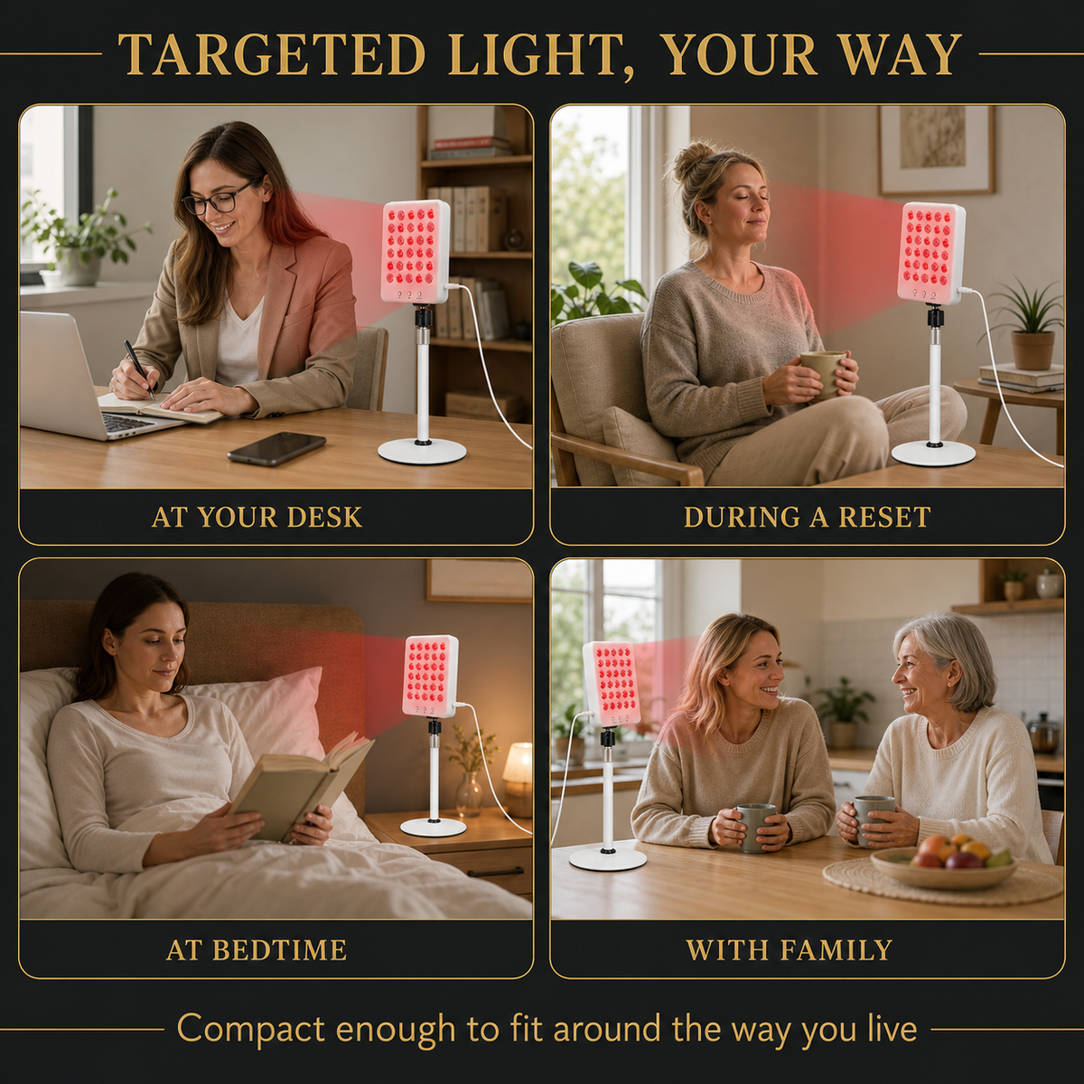 Adjustable red and near-infrared therapy lamp used at a desk, during relaxation, at bedtime and with family