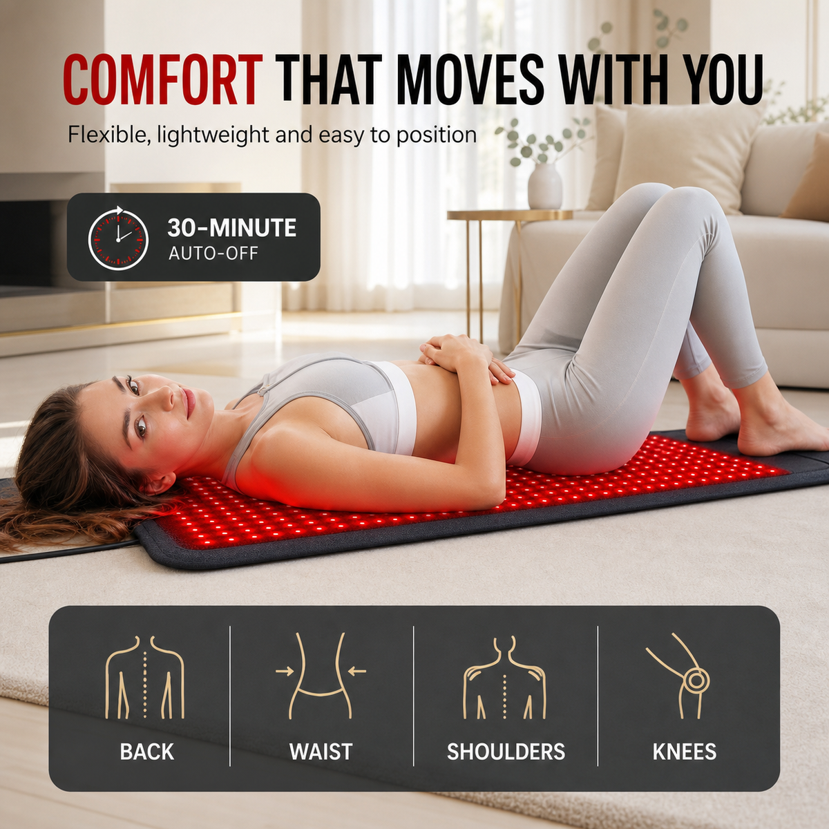 Woman relaxing on the flexible red and near-infrared body therapy pad at home