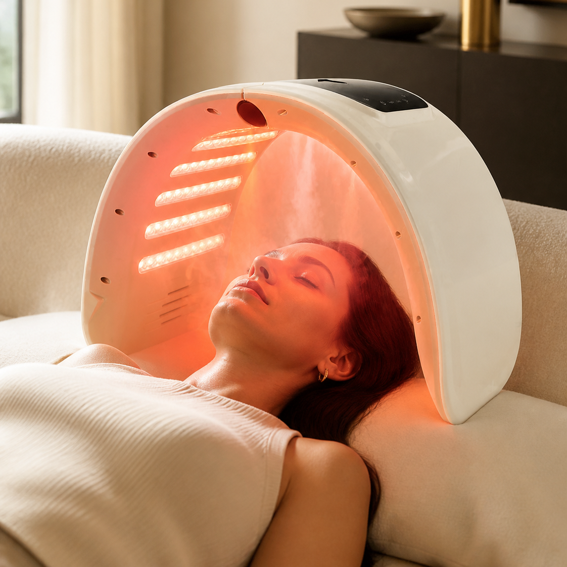 Woman relaxing beneath the Marlowe West 7-colour LED therapy canopy at home