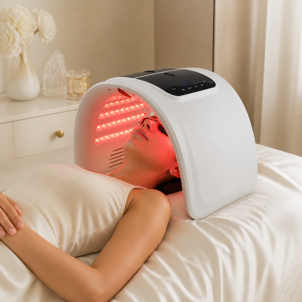 Woman relaxing beneath the foldable 7-colour LED canopy during an at-home facial session