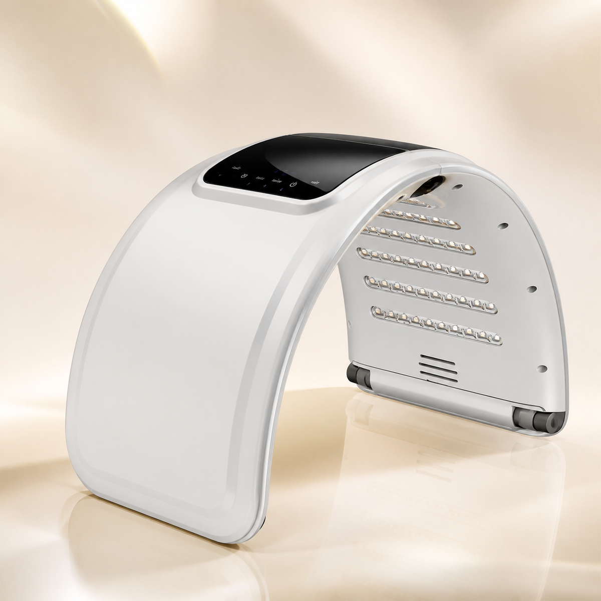 Foldable white 7-colour LED light therapy canopy with black touch controls and hydrating mist