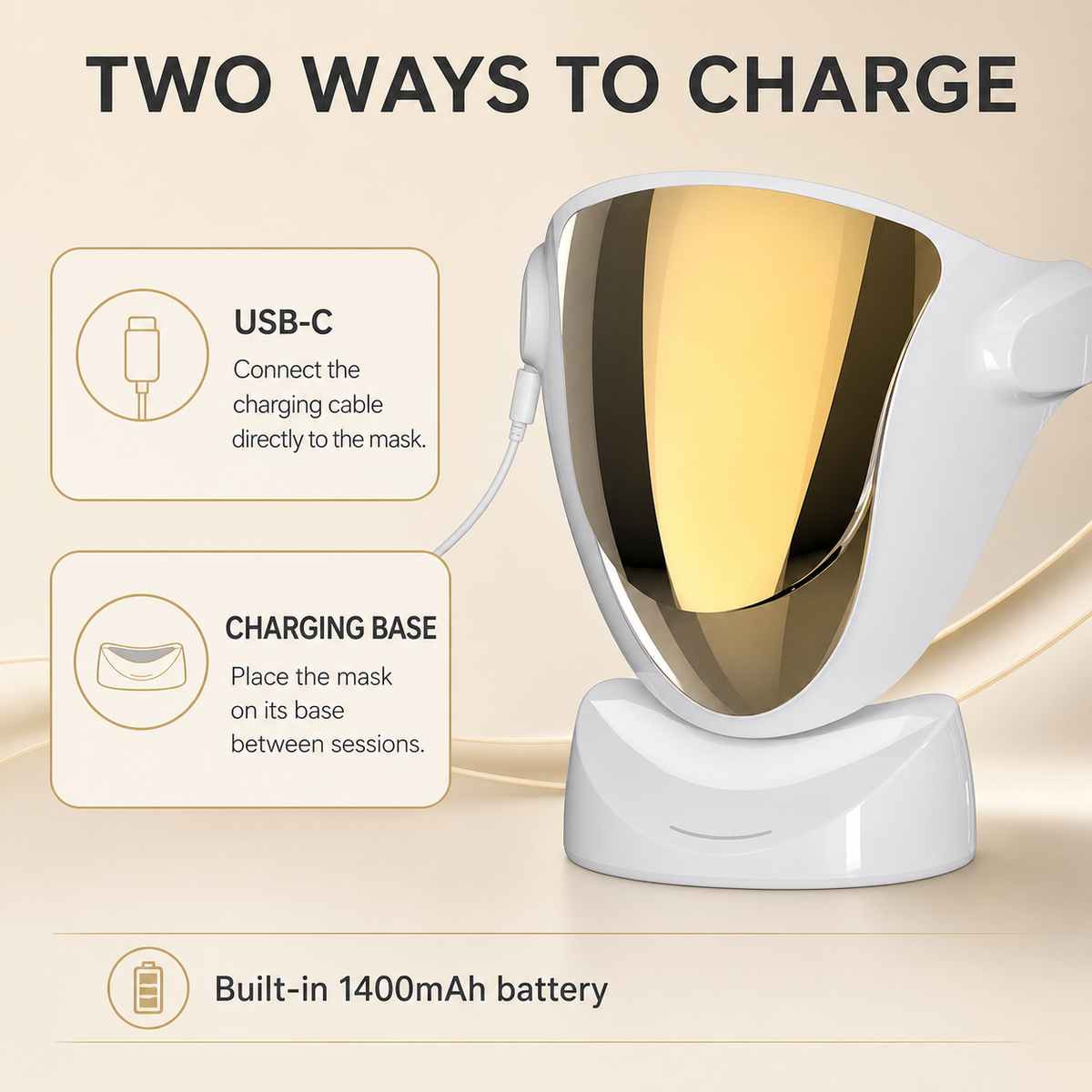 USB-C and charging base options for the Marlowe West LED face and neck mask