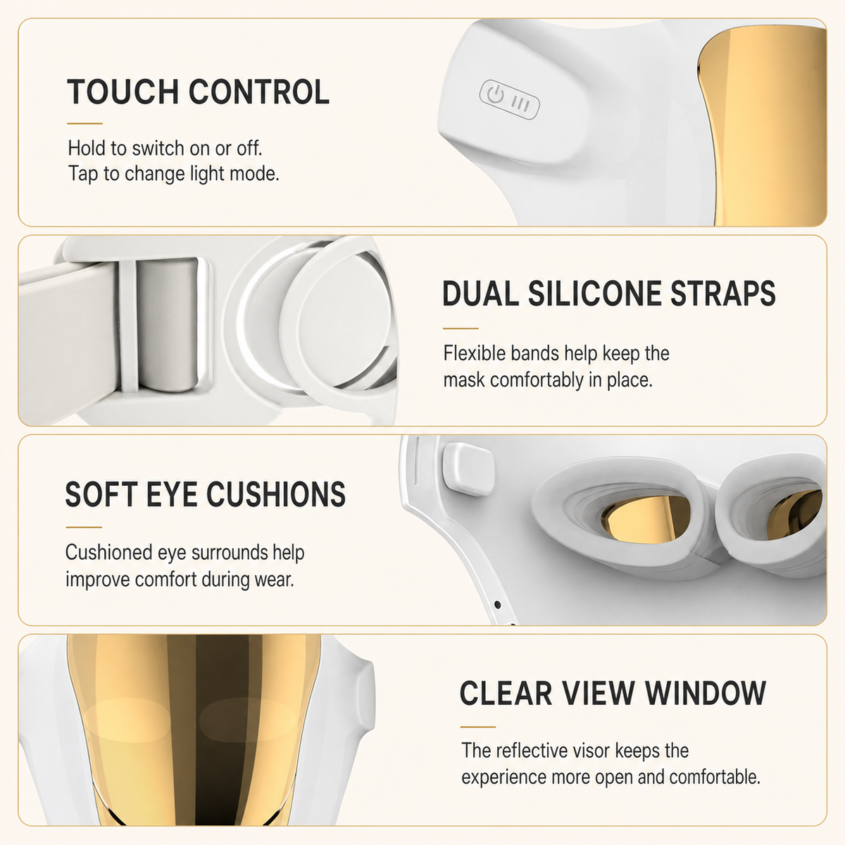 Feature details for the Marlowe West LED face and neck light therapy mask