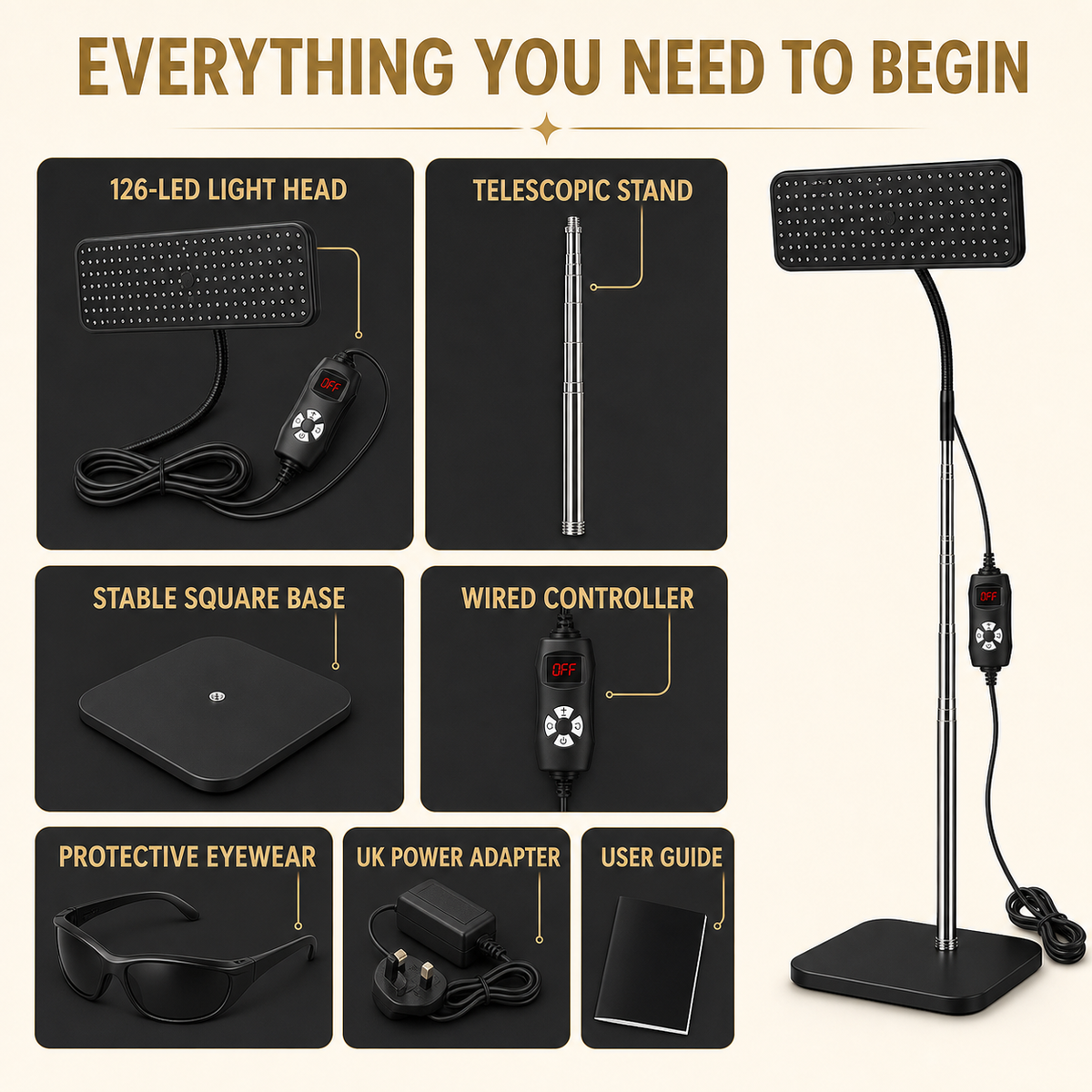 Full-height therapy panel kit with stand, base, controller, eyewear, UK adapter and guide
