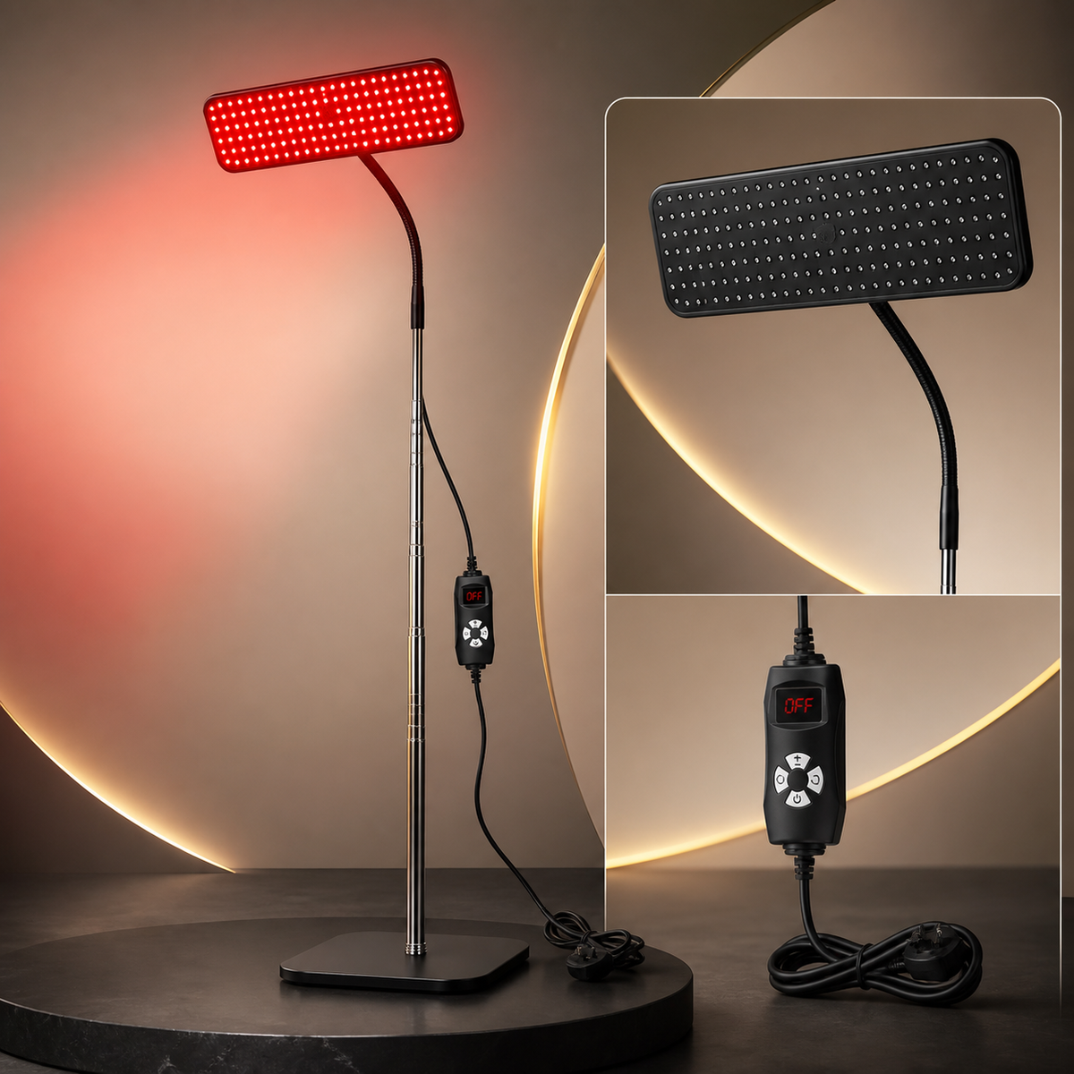 Full-height 126-LED red and near-infrared therapy panel with telescopic stand and controller