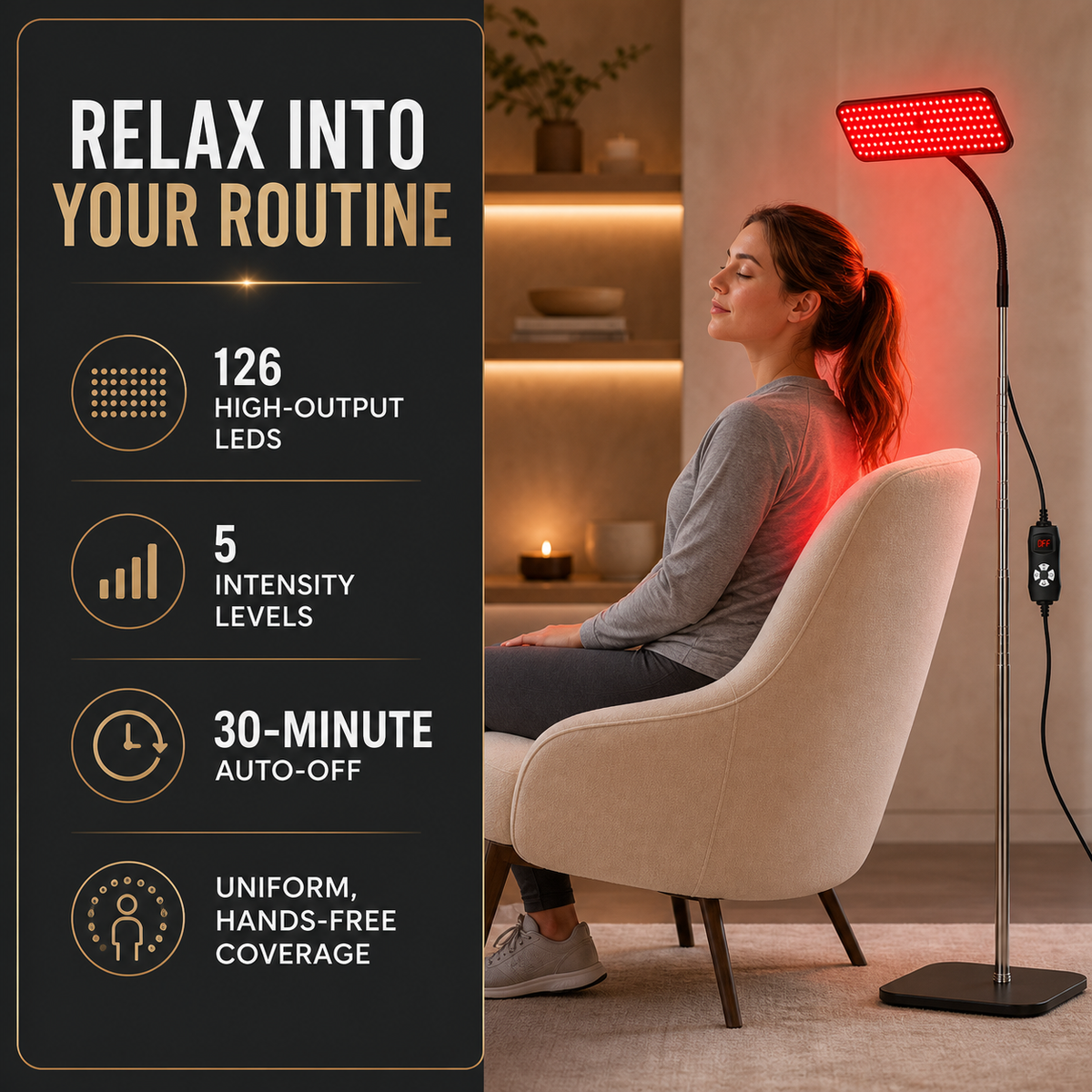 Woman relaxing during a hands-free session with the full-height red and near-infrared panel