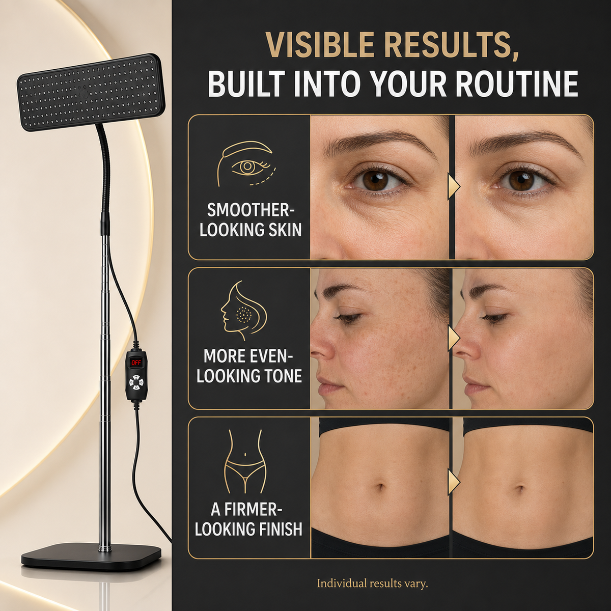Smoother-looking skin, more even-looking tone and firmer-looking finish outcome comparison